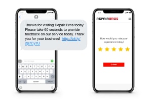 An iPhone showing a text message from a repair shop and another iPhone displaying a customer feedback screen