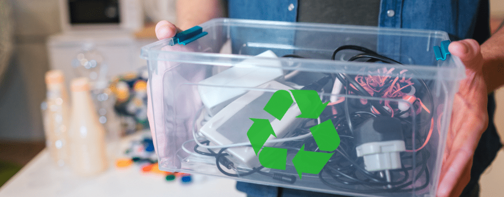 Box of cords and electronics to be recycled