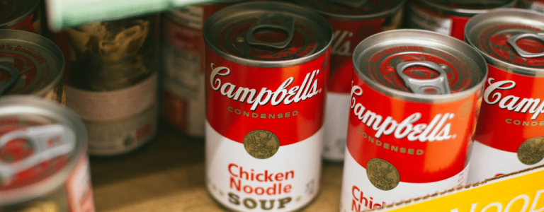 Donated cans of chicken noodle soup
