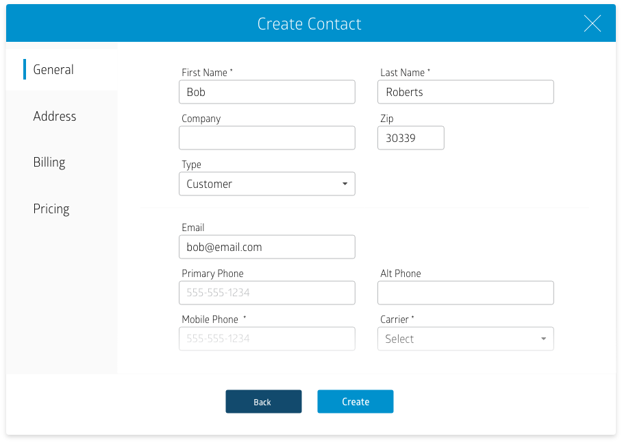 Screenshot of RepairQ's "Create Contact" screen
