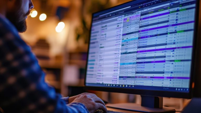 A technician or repair shop owner interacting with repair management software on a desktop computer.